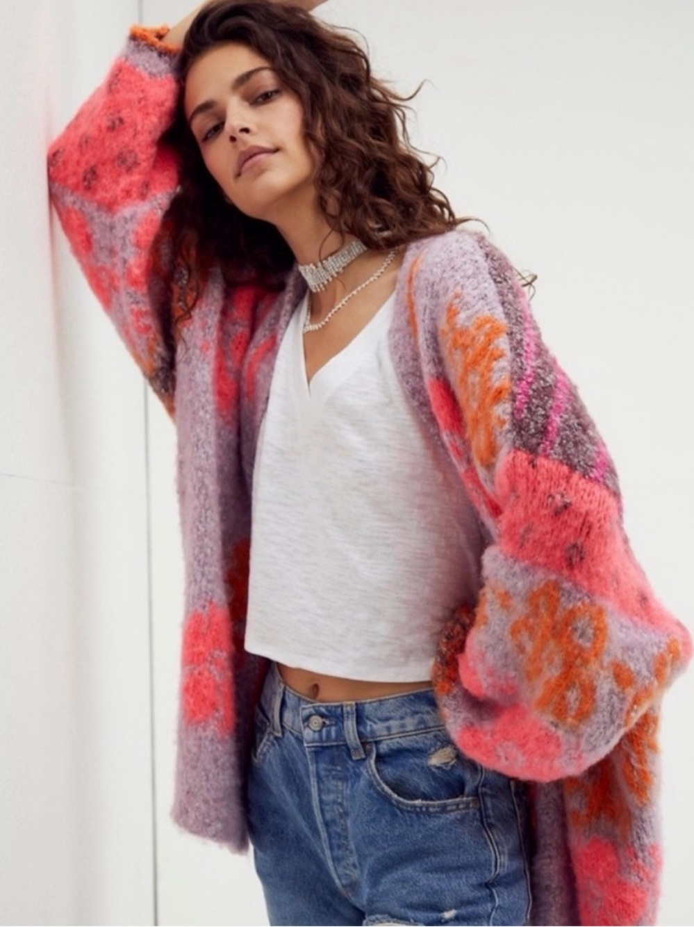Free People Textured Floral Cardigan in Pink, Lavender & Orange - Picture 2 of 9